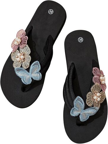 OYOANGLE Women's Pearl Floral Appliques Platform Flip Flops Fashionable Lightweight Wedge Thong Sandals in Saudi Arabia