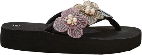 OYOANGLE Women's Pearl Floral Appliques Platform Flip Flops Fashionable Lightweight Wedge Thong Sandals in Saudi Arabia