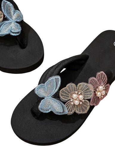 OYOANGLE Women's Pearl Floral Appliques Platform Flip Flops Fashionable Lightweight Wedge Thong Sandals in Saudi Arabia