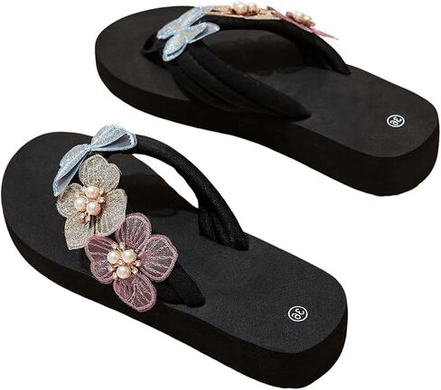 OYOANGLE Women's Pearl Floral Appliques Platform Flip Flops Fashionable Lightweight Wedge Thong Sandals in Saudi Arabia