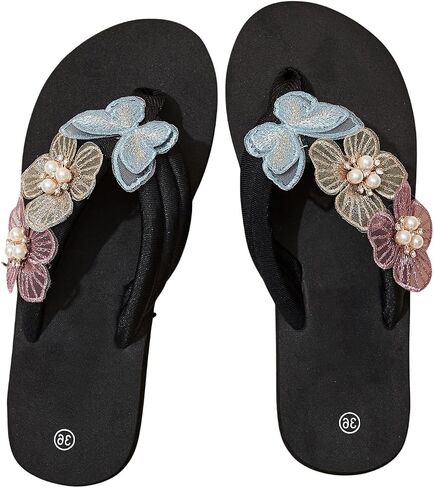 OYOANGLE Women's Pearl Floral Appliques Platform Flip Flops Fashionable Lightweight Wedge Thong Sandals in Saudi Arabia