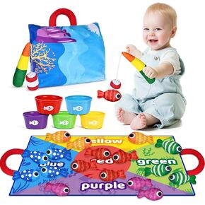 Fishing Toys for 1, 2, 3 Boys Girls, 26 in 1 Toddlers Montessori Learning Toys with Stacking Cups, Double-Side Mat - Number Counting, Color Sorting, Christmas Birthday Gifts for 1 Year Old