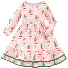Tkria Christmas Dress for Girl Baby Girl Christmas Outfit Santa Claus Dinosaur Gingerbread Kids Girl Long Sleeve Outfits 3-7T