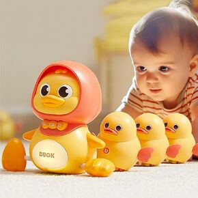 Baby Crawling Toys Set of 4 - Magnetic Swaying Ducks for 6-12 Months, Tummy Time Toys with Music & Lights, 1st　Birthday Gift for Boys and Girls(Yellow)