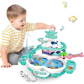 3in1 Fishing Game Toys for Kids with 34PCS Accessories Including Fishing Rod,Small Fish,Track, etc.,Toys with Music and Stories for Preschool Learning,Gifts for Girls Boys(Green)