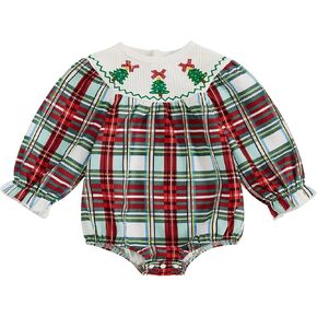 Ayalinggo My First Christmas Baby Girl Outfit Newborn Buffalo Plaid Bubble Romper Long Sleeve Round Neck Fall Winter Clothes