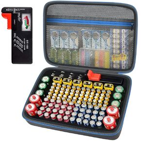 Battery Organizer Storage Holder Case Box with Tester Checker BT-168. Holds 136+ Batteries AA AAA C D Cell 9V 3V Lithium (Red, Medium)