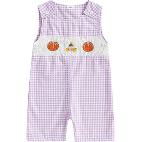 Ayalinggo Newborn Baby Girl Smocked Pumpkin Outfit Infant Plaid Overalls Romper Embroidery Halloween Thanksgiving Clothes in Kuwait