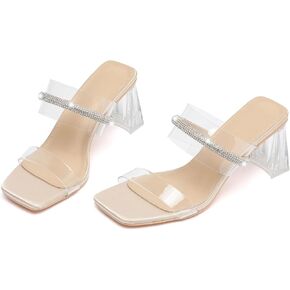 kkdom Square Toe Chunky Clear Heels Sandals Transparent Two Sparkle Rhinestone Strap Mule Shoes Slip On Block Heels for Party Dating Daily Work in Kuwait