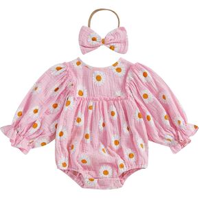 Infant Baby Girl Daisy Print Romper Frill Trim Long Sleeve Bubble Romper Ruffle Playsuit Jumpsuit with Headband