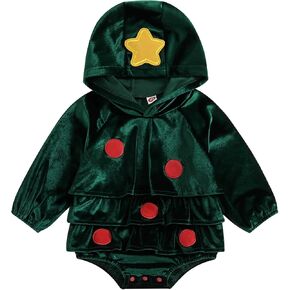 Newborn Girls Hooded Christmas Rompers Long Sleeve Christmas Baby Clothes Christmas Tree Velvet Ruffle Bodysuit