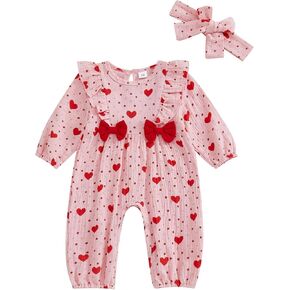Infant Baby Girl Valentine’s Day Outfits Puff Long Sleeve Heart Print Ruffle Jumpsuit Headband Cotton Linen Romper