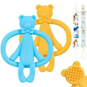 2 Pack Teething Toys, Baby Teething Toys 0-6 6-12 Months, Silicone Bear Shape Baby Teether, Easy to Hold Baby Chew Toys, BPA Free, Blue and Yellow
