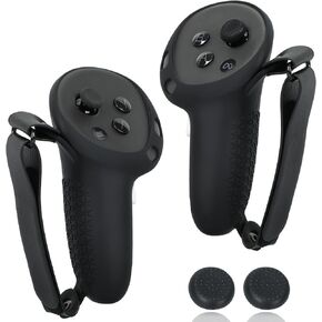 Controller Grips Cover for MetaQuest 3/3S, Upgraded Silicone Sleeve with Battery Opening & Adjustable Knuckle Straps, Anti-Slip VR Handle Protector for Quest3/3S Accessories (Black-Battery Door-Q3/3S)