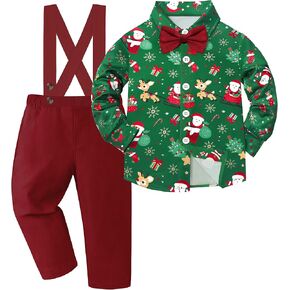 Baby Boy Christmas Outfit, Cute Reindeer Santa Printed Plaid Shirt With Bow Suspenders Pant Sets Boys Christmas Outfit
