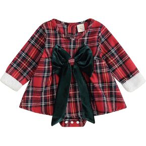 Emmababy Plaid Romper Baby Girl Long Sleeve Bubble Romper Christmas Sweatshirt Ruffle Bodysuit Infant Fall Winter Outfits