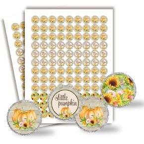 Watercolor Sunflower & Peony Floral with Pumpkins Fall Baby Shower Kiss Sticker Labels, 300 0.75" Circle Stickers for Chocolate Kisses Amanda Creation, Great for Favors, Treats, Envelopes & Bags