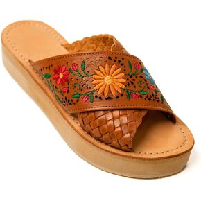 Mexico en la Piel Handmade Leather Slip-On Sandals for Women - Brown Color with Embroidered Detailing, EVA Platform Sole, Comfortable Fit, Sizes 5-10 US