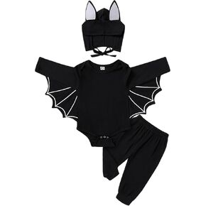YOUNGER TREE Toddler Baby Girls Boys Halloween Outfit Black Bat Romper Pant Set Long Sleeve Winter Clothes