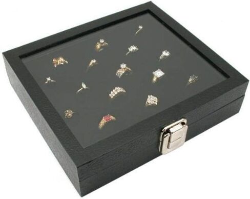 Novel Box Glass Top Black Jewelry Display Case + Pink 72 Slot Ring Display Insert + Custom NB Pouch in Kuwait