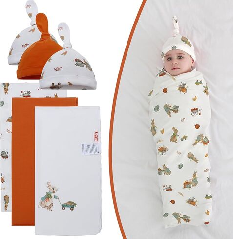 Baby Cotton Swaddle Blankets with Hat Set 3 Pack 0-3 3-6 Months Wearable Blankets Unisex Baby Sleeping Bag (rabbit) in Saudi Arabia