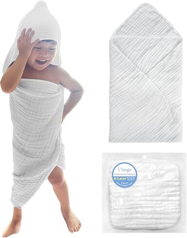 L'Ange Muslin Hooded Baby Towel - Infant Bath Towel with Hood for Newborn Babies Boy or Girl - 100% Cotton - Pack of 1 - Ready to Use Medical Grade Packaging - 6 Layers - White - 25.5x25.5 in in Kuwait