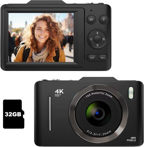 Kids Camera, FHD 1080P Camera with 32GB Card, 16X Zoom, and Anti-Shake. 48MP Compact Design,Compact Small Camera for Boys Girls Kids.Black in Saudi Arabia
