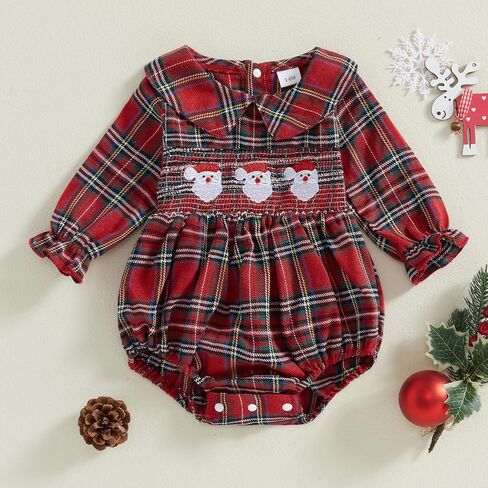 My First Christmas Baby Girl Outfit Santa Reindeer Onesie Plaid Polo Romper Smocked Fall Winter Clothes in Kuwait