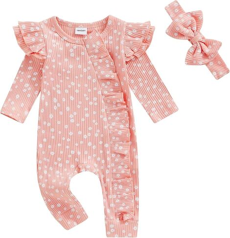 Newborn Outfits Baby Girl Hello I'm New Here Letter Long Sleeve Footies Romper Fall Winter Clothes with Headband in Saudi Arabia