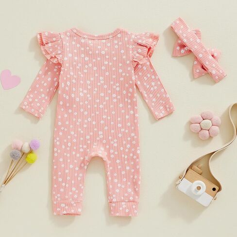 Newborn Outfits Baby Girl Hello I'm New Here Letter Long Sleeve Footies Romper Fall Winter Clothes with Headband in Saudi Arabia