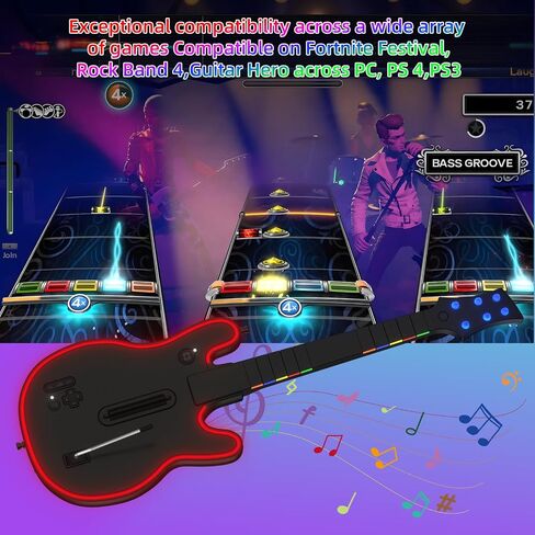 JJDWIN Wireless Guitar Hero Controller for PS4/PS3/PC - Wireless Guitar for Guitar Hero, Rock Band & Clone Hero Games, Fortnite Festival with Strap & Wireless Dongle,Black in Saudi Arabia