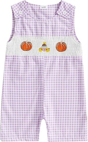 Ayalinggo Newborn Baby Girl Smocked Pumpkin Outfit Infant Plaid Overalls Romper Embroidery Halloween Thanksgiving Clothes in Saudi Arabia