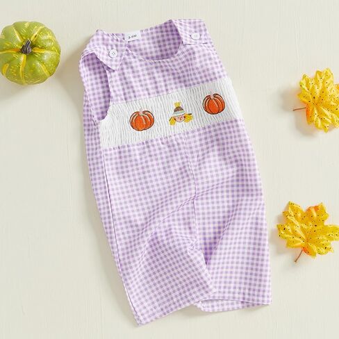 Ayalinggo Newborn Baby Girl Smocked Pumpkin Outfit Infant Plaid Overalls Romper Embroidery Halloween Thanksgiving Clothes in Saudi Arabia