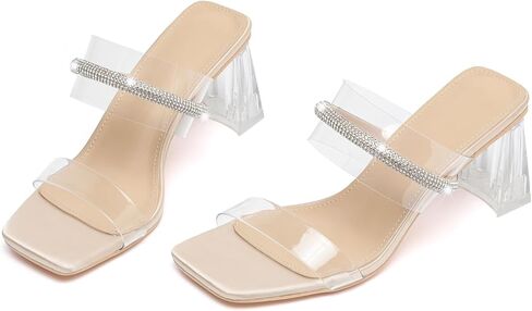 kkdom Square Toe Chunky Clear Heels Sandals Transparent Two Sparkle Rhinestone Strap Mule Shoes Slip On Block Heels for Party Dating Daily Work in Kuwait