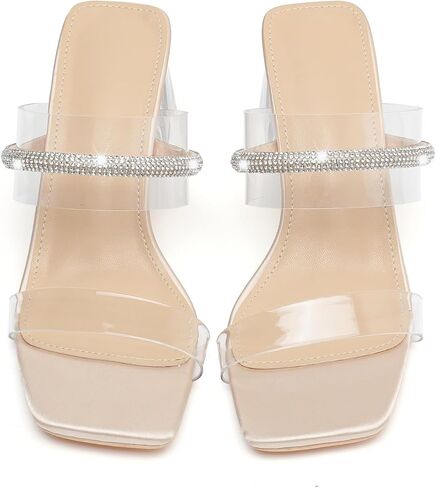 kkdom Square Toe Chunky Clear Heels Sandals Transparent Two Sparkle Rhinestone Strap Mule Shoes Slip On Block Heels for Party Dating Daily Work in Kuwait