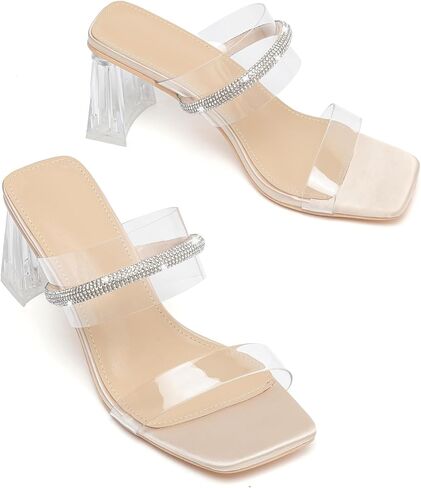 kkdom Square Toe Chunky Clear Heels Sandals Transparent Two Sparkle Rhinestone Strap Mule Shoes Slip On Block Heels for Party Dating Daily Work in Kuwait