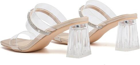 kkdom Square Toe Chunky Clear Heels Sandals Transparent Two Sparkle Rhinestone Strap Mule Shoes Slip On Block Heels for Party Dating Daily Work in Kuwait