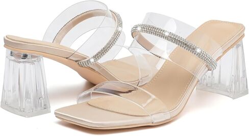 kkdom Square Toe Chunky Clear Heels Sandals Transparent Two Sparkle Rhinestone Strap Mule Shoes Slip On Block Heels for Party Dating Daily Work in Kuwait