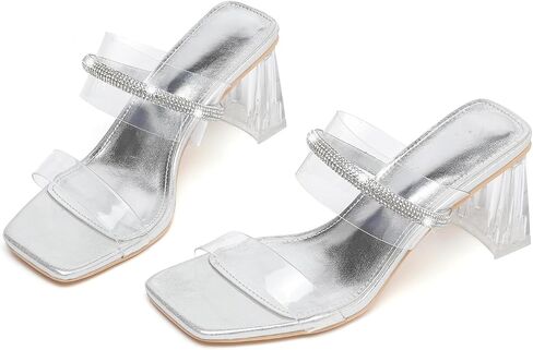 kkdom Square Toe Chunky Clear Heels Sandals Transparent Two Sparkle Rhinestone Strap Mule Shoes Slip On Block Heels for Party Dating Daily Work in Saudi Arabia