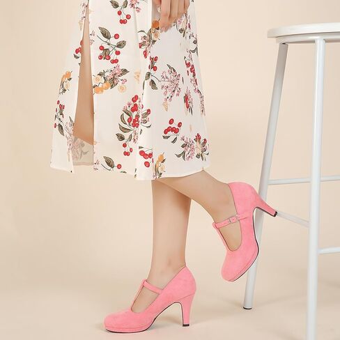 Women's Low Kitten Heels Pumps T Strap Mary Janes Cut Out Retro Office Work Dress Shoes in Kuwait