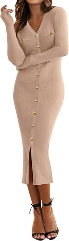 HAEOF Women's 2024 Fall Trendy Long Sleeve Midi Sweater Dress Dressy Casual V Neck Ribbed Knit Winter Formal Bodycon Dresses in Kuwait