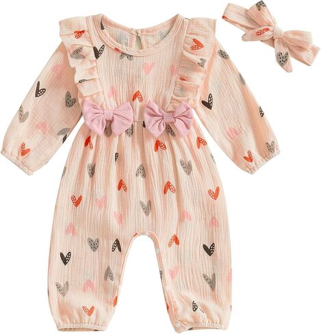 Infant Baby Girl Valentine’s Day Outfits Puff Long Sleeve Heart Print Ruffle Jumpsuit Headband Cotton Linen Romper in Saudi Arabia
