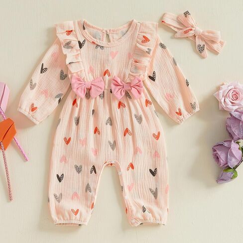 Infant Baby Girl Valentine’s Day Outfits Puff Long Sleeve Heart Print Ruffle Jumpsuit Headband Cotton Linen Romper in Saudi Arabia