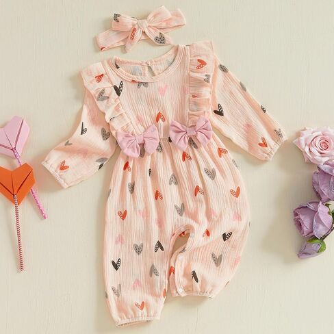 Infant Baby Girl Valentine’s Day Outfits Puff Long Sleeve Heart Print Ruffle Jumpsuit Headband Cotton Linen Romper in Saudi Arabia