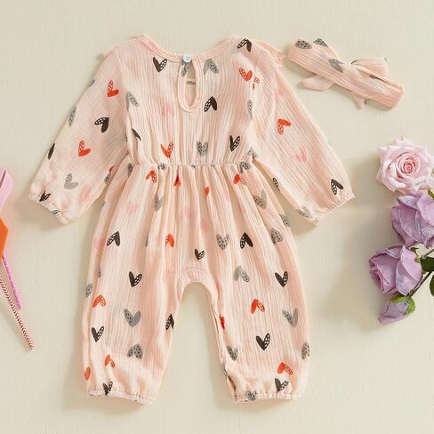 Infant Baby Girl Valentine’s Day Outfits Puff Long Sleeve Heart Print Ruffle Jumpsuit Headband Cotton Linen Romper in Saudi Arabia