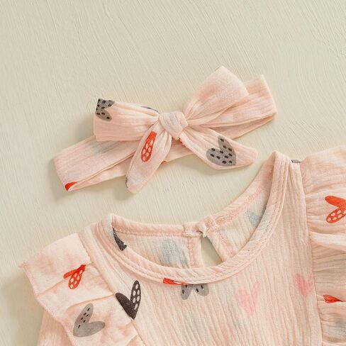 Infant Baby Girl Valentine’s Day Outfits Puff Long Sleeve Heart Print Ruffle Jumpsuit Headband Cotton Linen Romper in Saudi Arabia