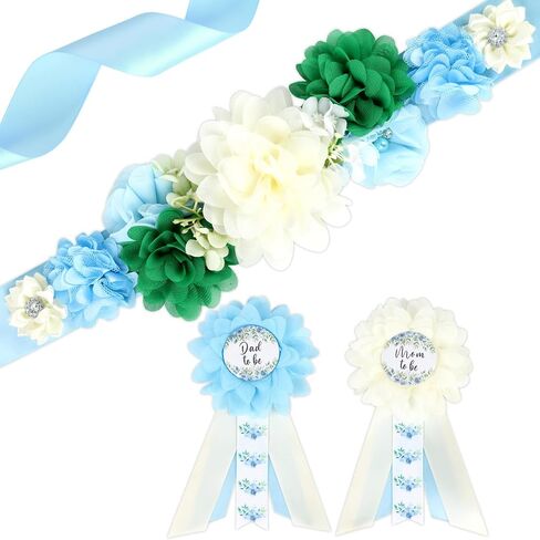 Baby in Bloom Baby Shower Maternity Sash Kit - Blue Baby Shower Belly Belt and Mom to Be & Dad to Be Corsage Pins, New Parents Pregnancy Photo Props Party Supplies in Saudi Arabia