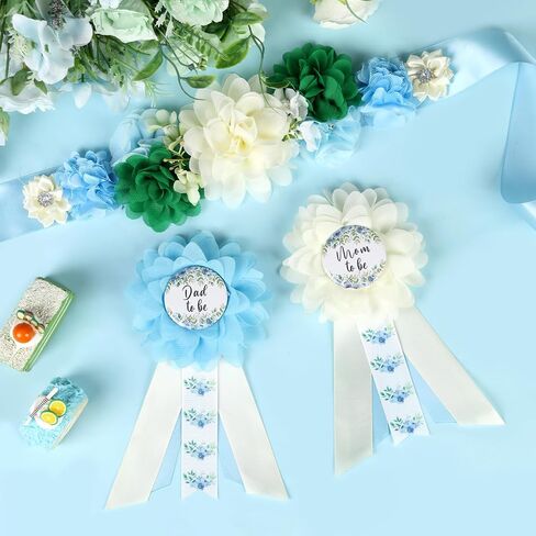 Baby in Bloom Baby Shower Maternity Sash Kit - Blue Baby Shower Belly Belt and Mom to Be & Dad to Be Corsage Pins, New Parents Pregnancy Photo Props Party Supplies in Saudi Arabia