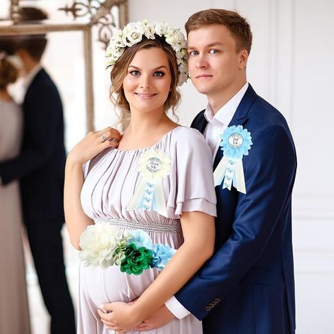Baby in Bloom Baby Shower Maternity Sash Kit - Blue Baby Shower Belly Belt and Mom to Be & Dad to Be Corsage Pins, New Parents Pregnancy Photo Props Party Supplies in Saudi Arabia