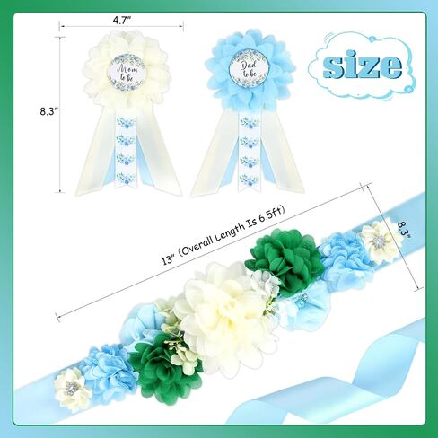 Baby in Bloom Baby Shower Maternity Sash Kit - Blue Baby Shower Belly Belt and Mom to Be & Dad to Be Corsage Pins, New Parents Pregnancy Photo Props Party Supplies in Saudi Arabia